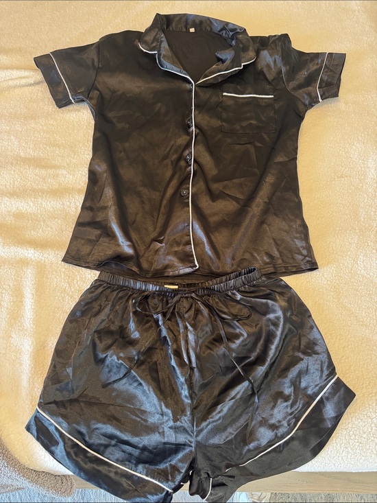 Other - Black Satin Short Sleeve Pajama Set with White Piping